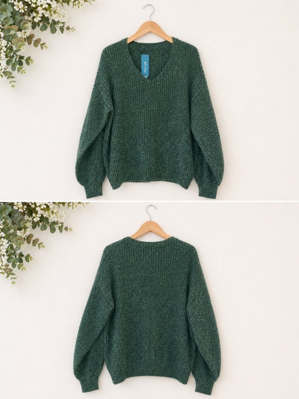 Cupshe Green Chunky Knit Sweater NWT Size Large V Neck Slouchy Cozy Pullover
